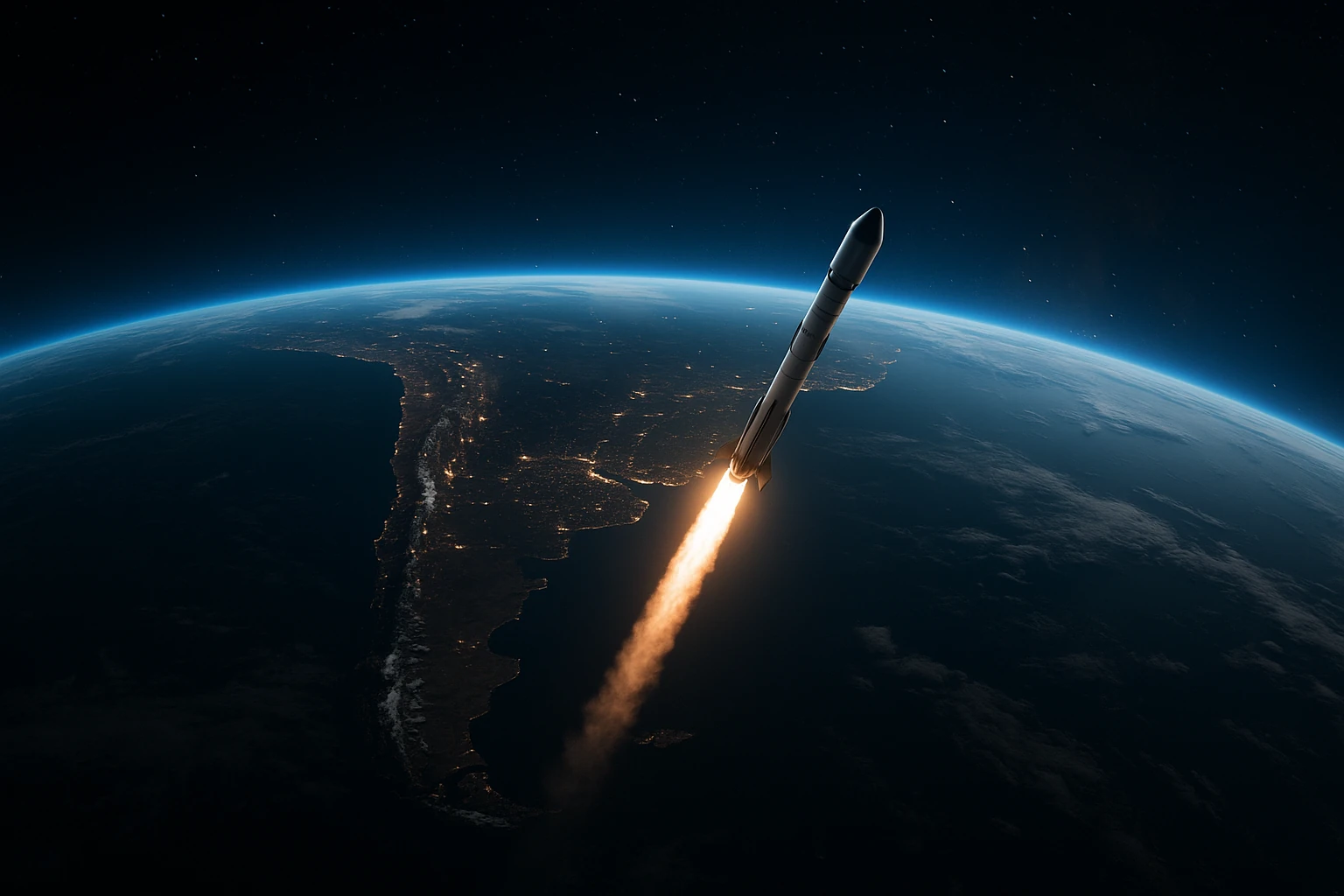 Vista de la Tierra desde el espacio con tono tecnológico; estética oscura y violeta que refuerza la propuesta de diseño web rápido y profesional de NoOne.